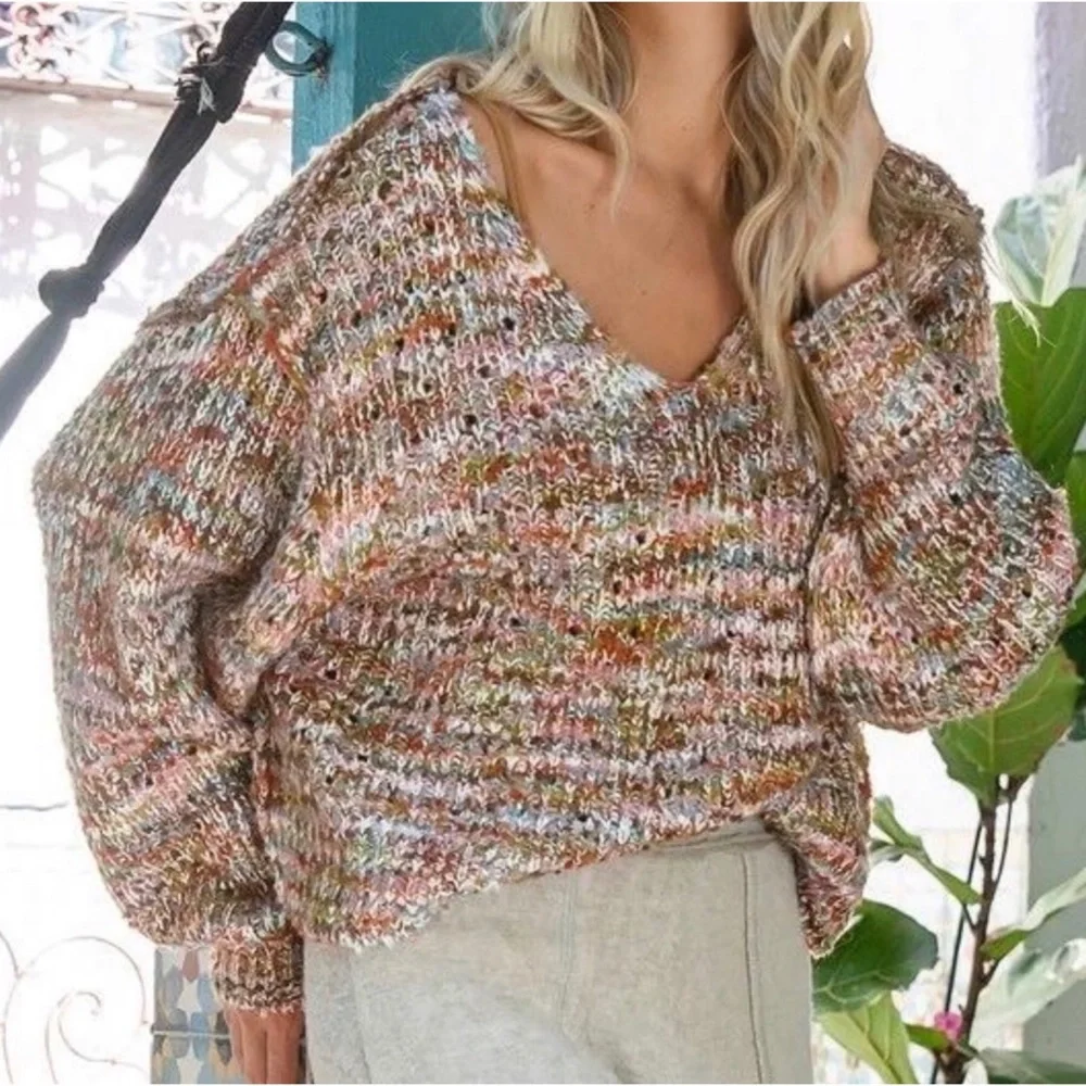 1 LEFT! Women's Multi Colored Knit Fall Vneck Fall Trendy Sweater - Picture 3 of 6